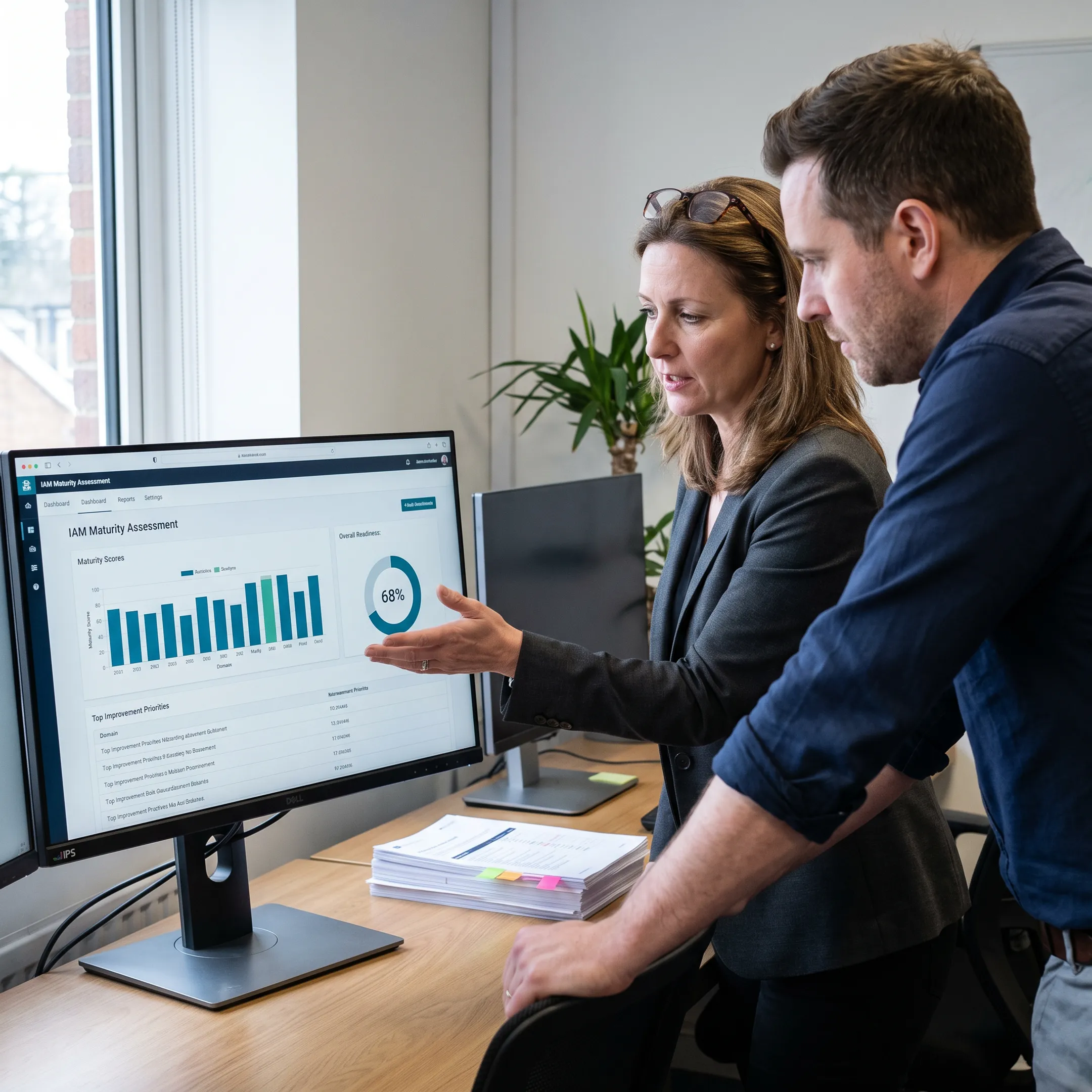 IAM maturity assessment dashboard with identity governance readiness indicators