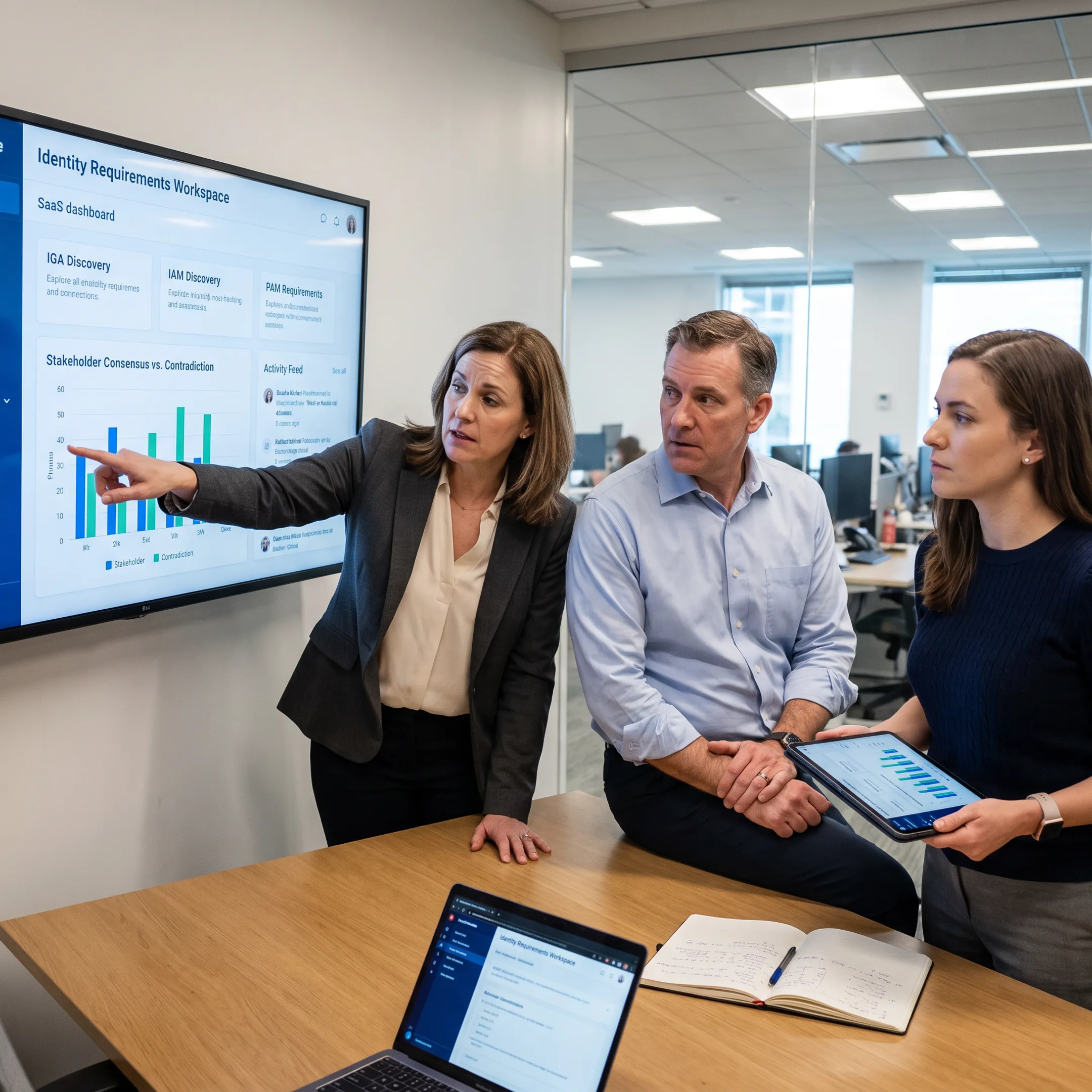 Team comparing access management service options on a digital planning dashboard
