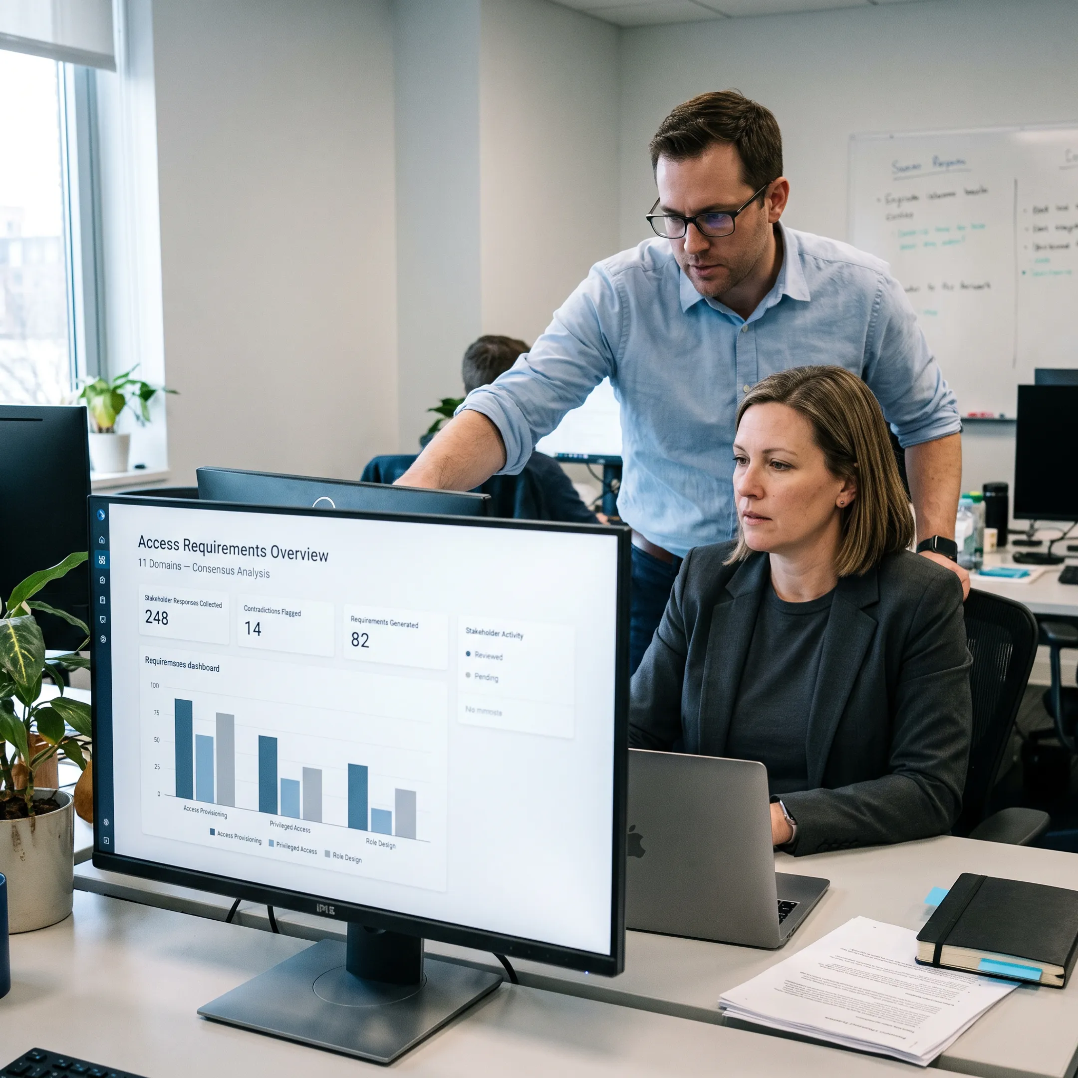 IAM consultants reviewing identity access requirements on a secure dashboard
