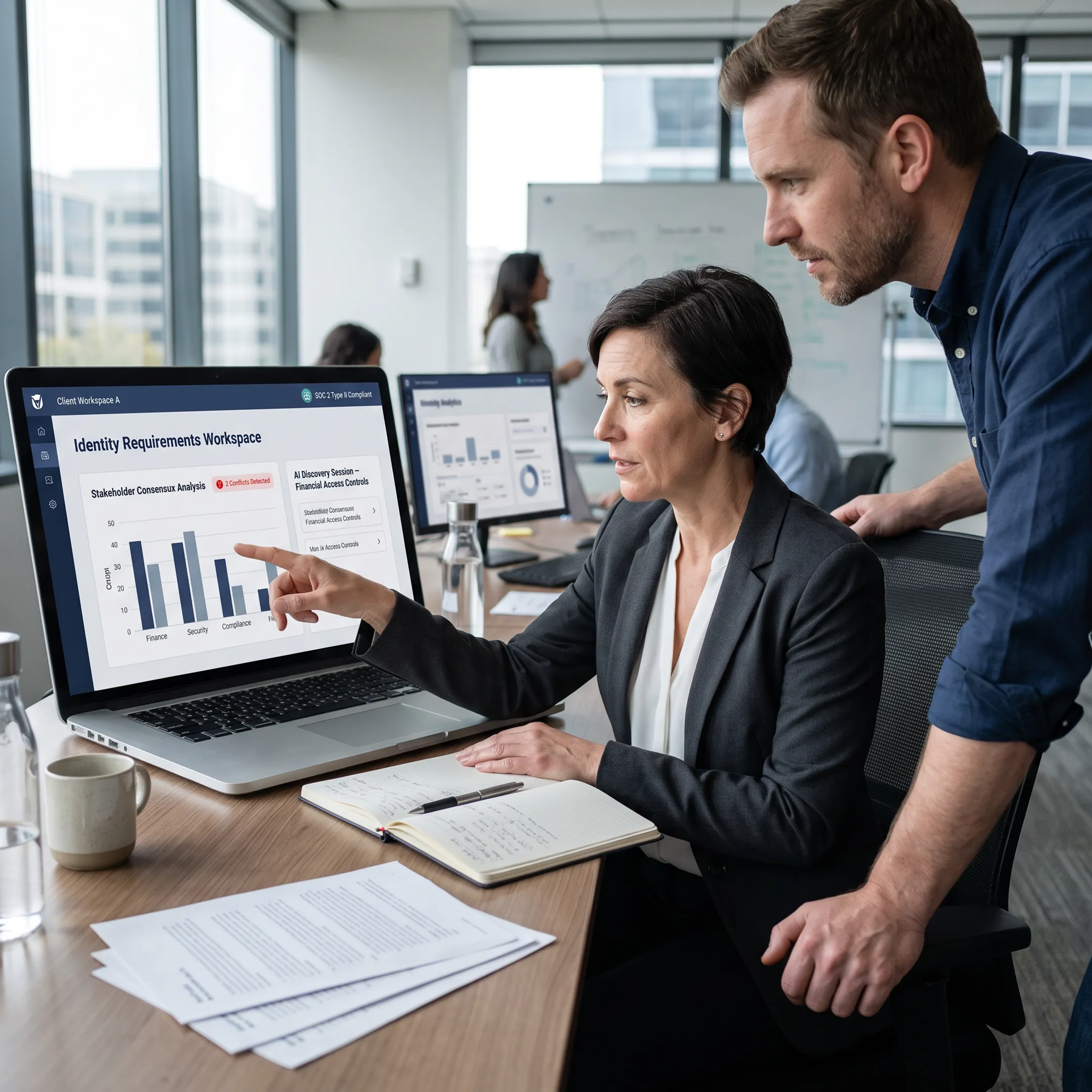 IAM professionals reviewing secure financial access requirements on a digital platform