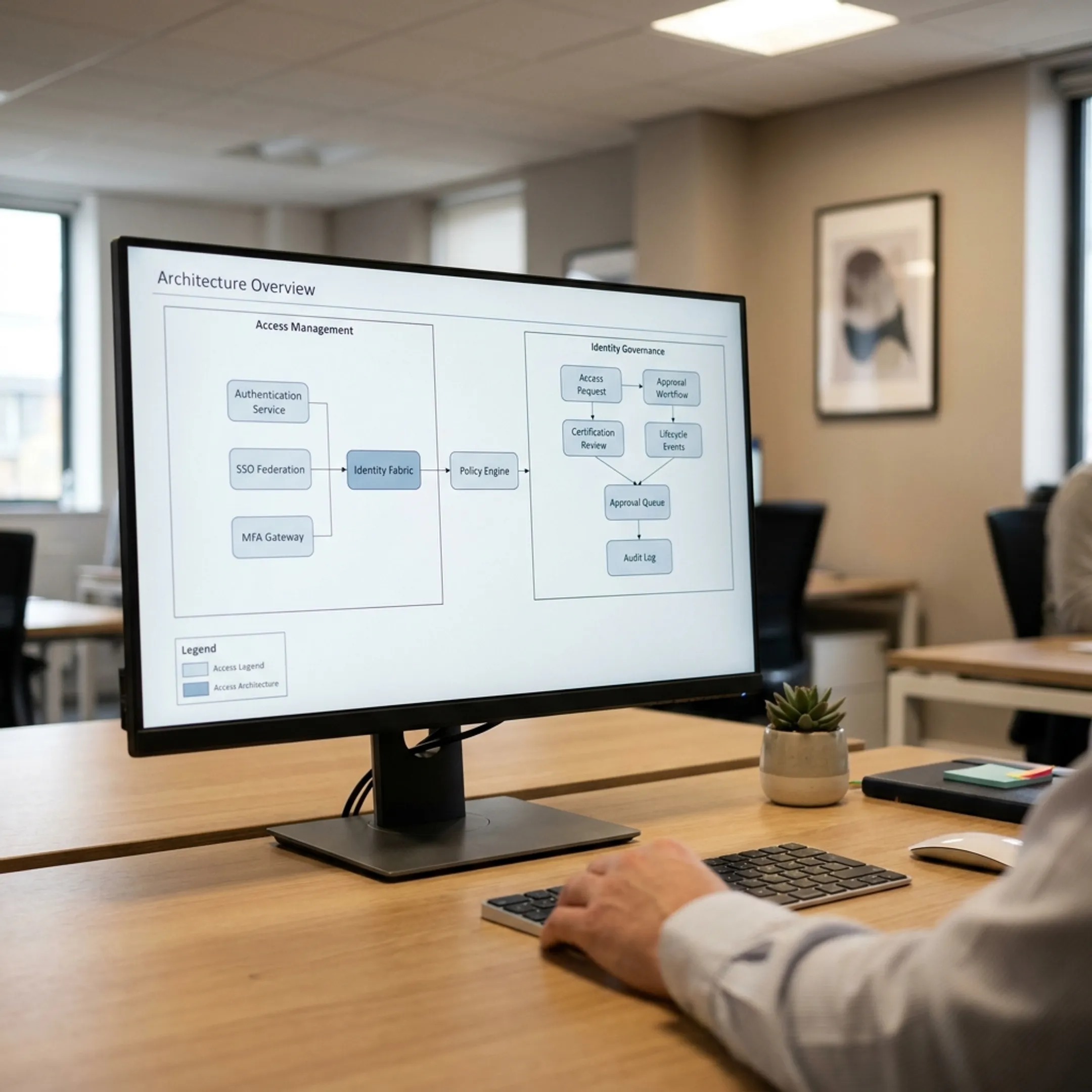 Architectural diagram comparing identity access management and identity governance administration workflows
