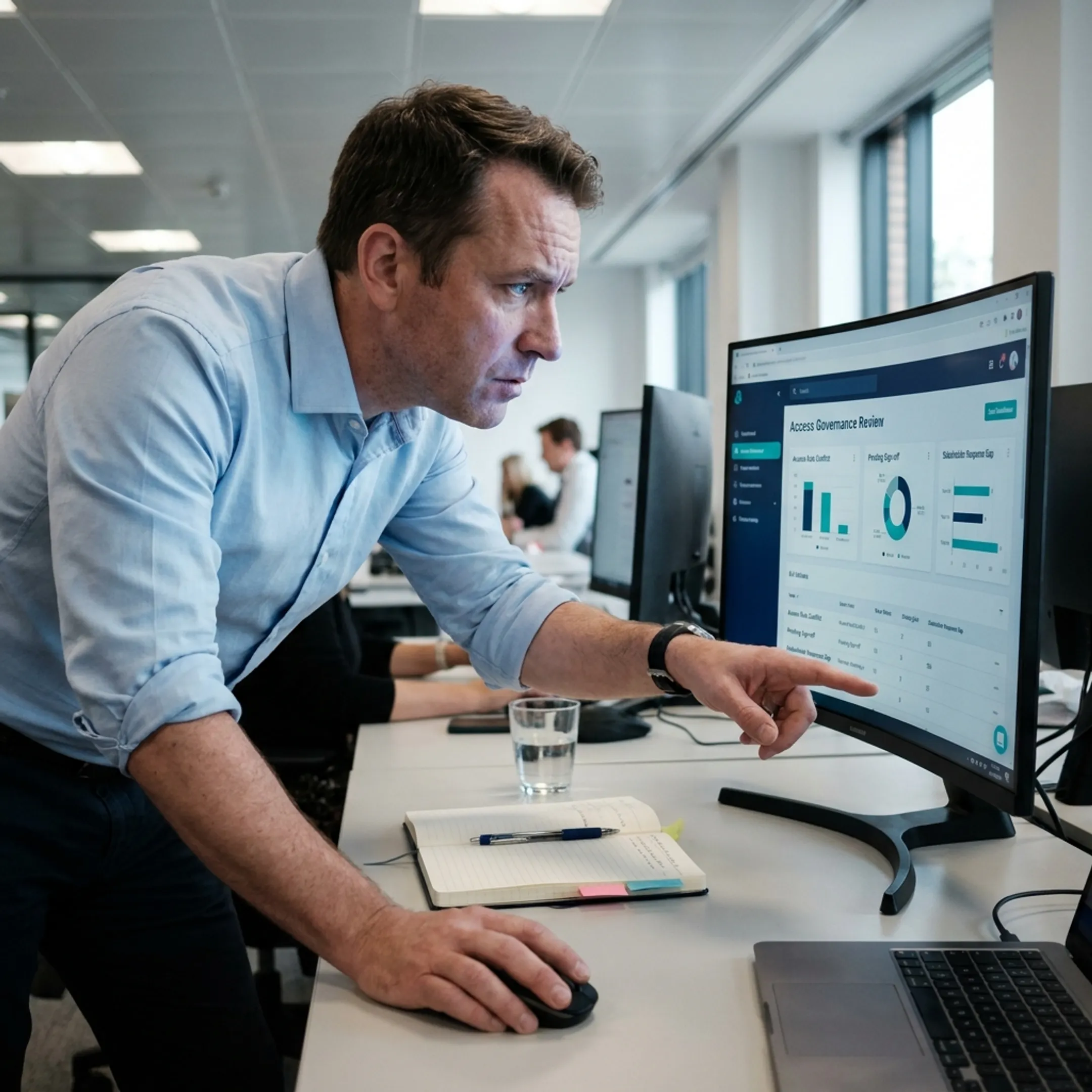 Consultant analyzing comparative identity access management and governance requirements data