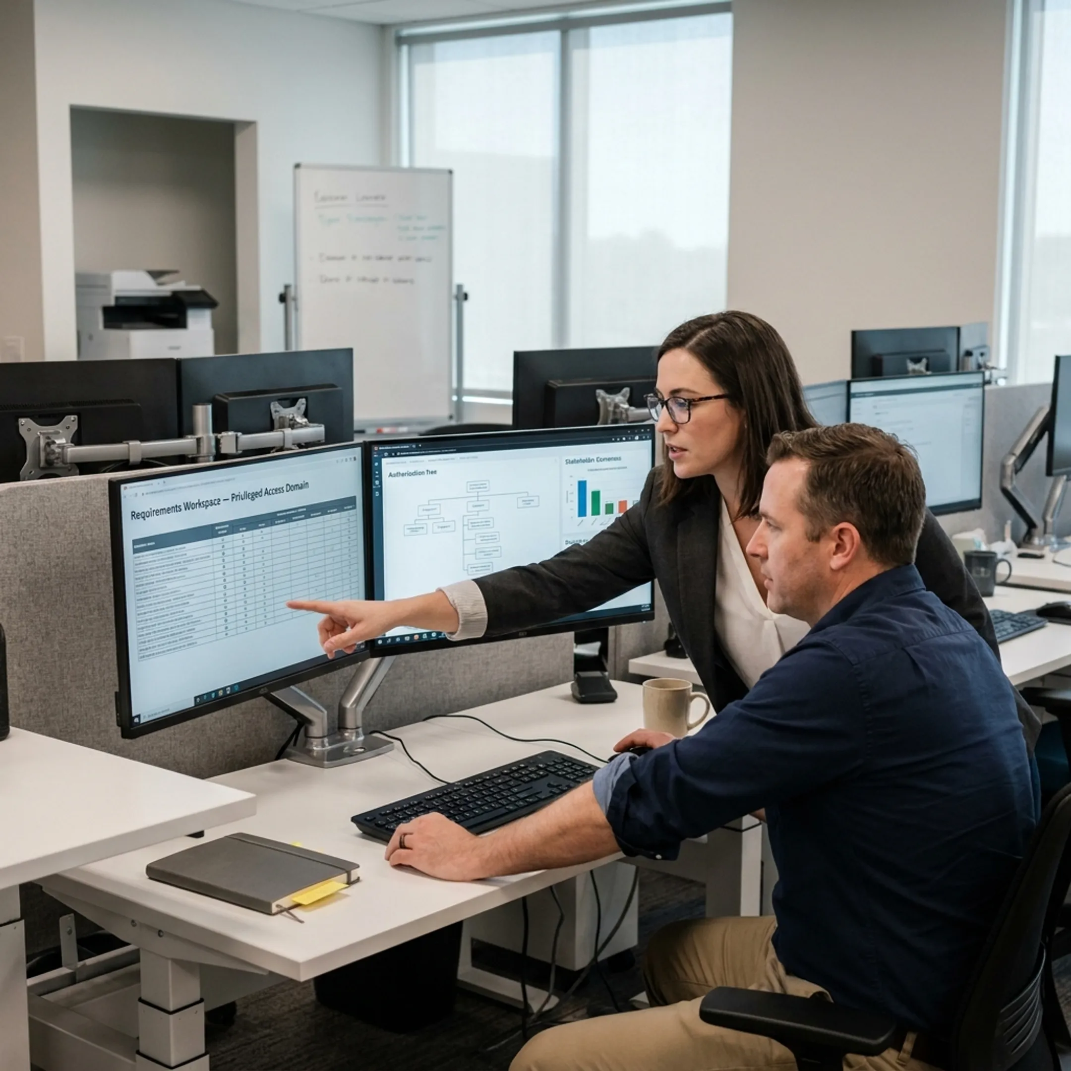 Security specialists analyzing privileged account access rules on a computer screen.