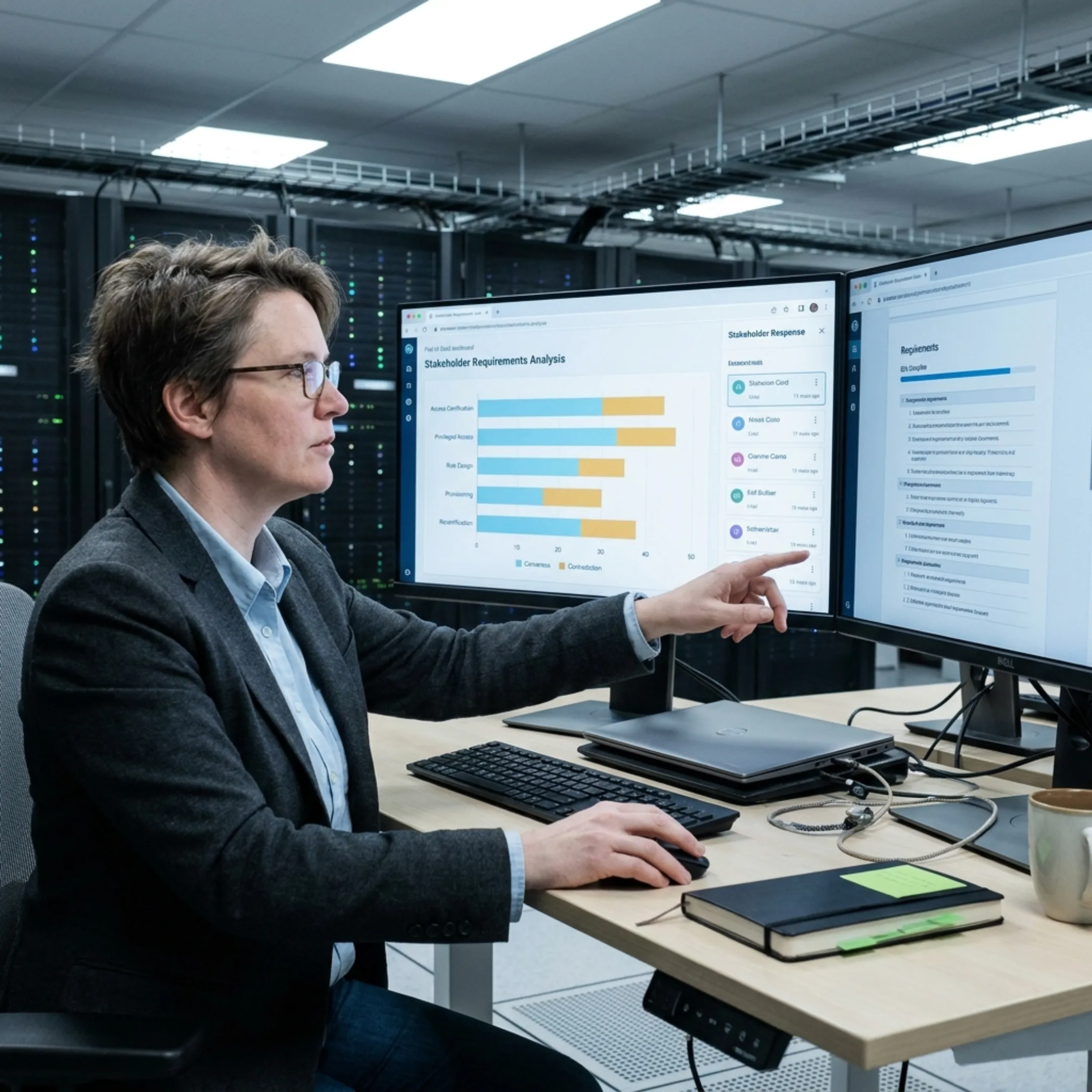 Enterprise architects analyzing workload IAM tool comparison metrics on digital dashboard