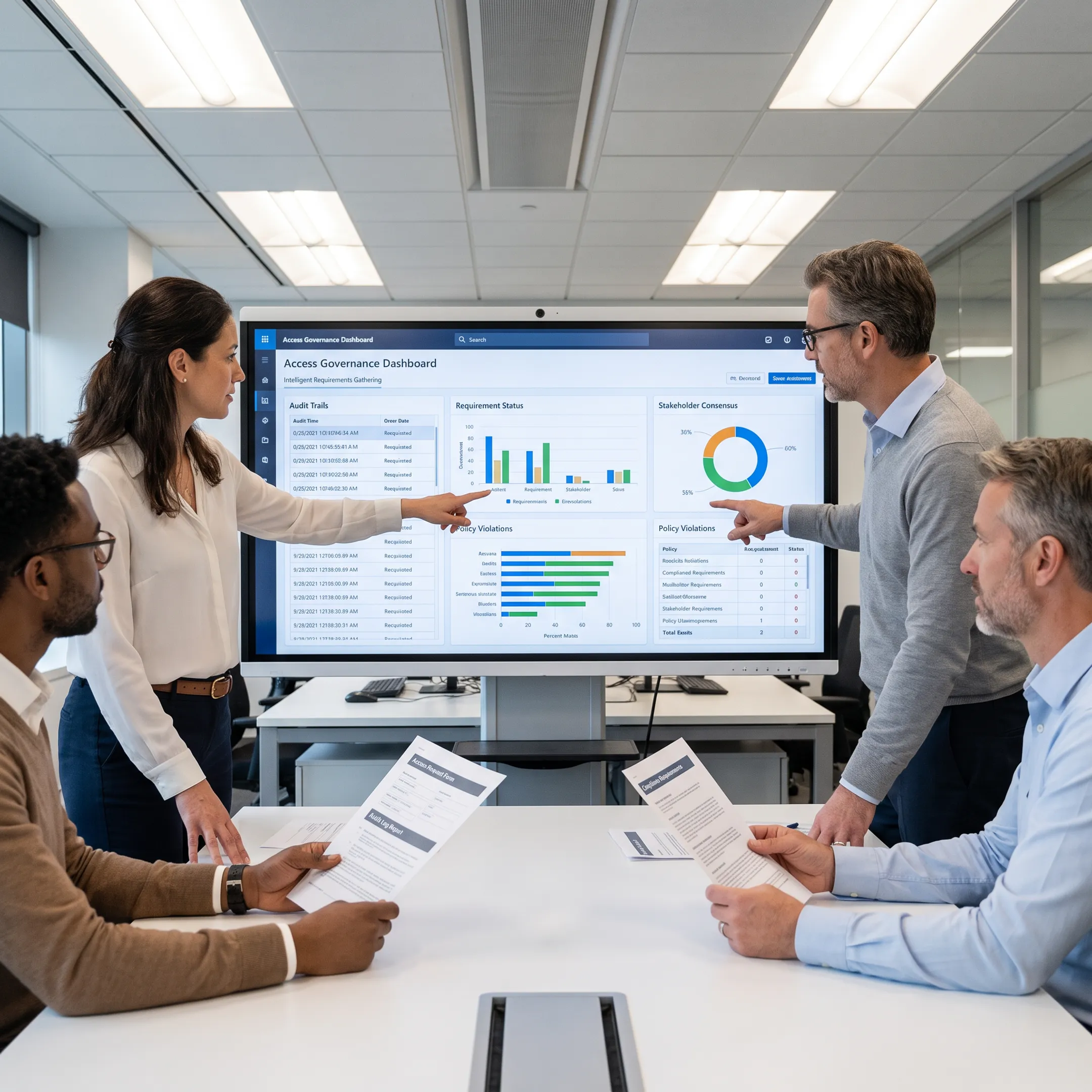 Team using an AI identity requirements platform for financial access governance