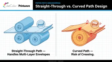 Straight-through versus curved paper path envelope printer mechanics diagram