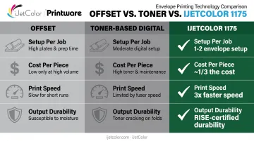 Offset versus toner versus iJetColor 1175 printing comparison infographic
