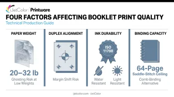 Key factors affecting booklet print quality including paper weight and ink durability