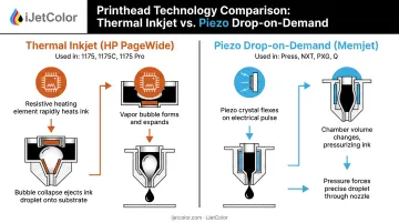 Thermal inkjet versus piezo drop-on-demand print engine comparison diagram
