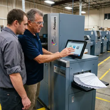 Instructor guiding an operator at an inkjet press