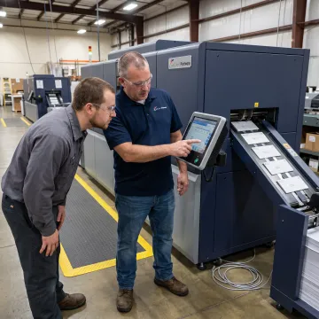 Technician assisting an inkjet printer operator