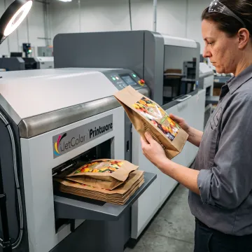 Operator inspecting printed paper bags