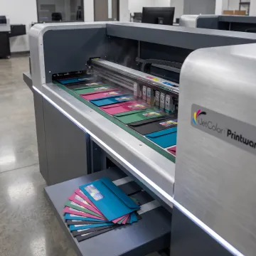 Full-color custom envelopes moving through an inkjet printing system