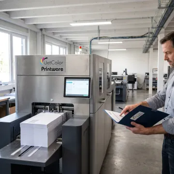 Commercial printer reviewing inkjet equipment financing options