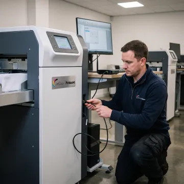 Technician configuring a networked printer