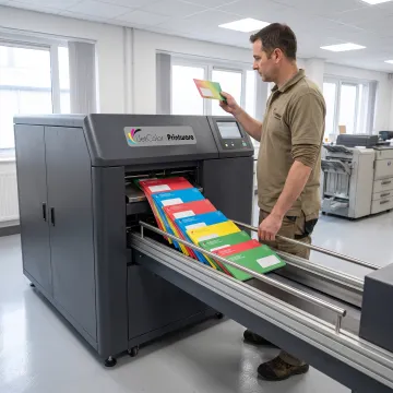 Print operator inspecting full-color inkjet envelopes