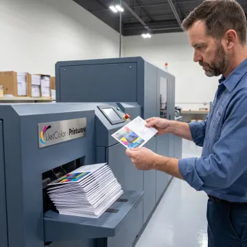 Operator reviewing colorful inkjet printed envelopes