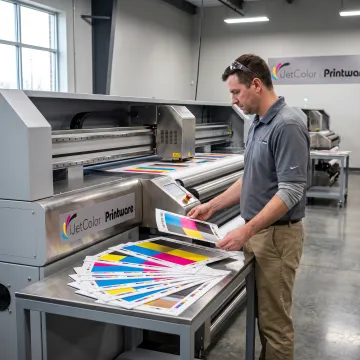 Technician reviewing direct-to-substrate print equipment
