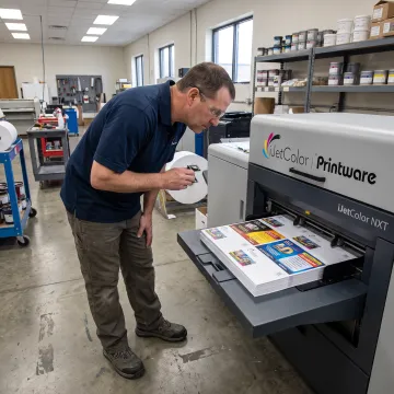 Operator reviewing envelopes from a digital inkjet press