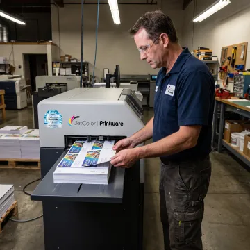 Operator reviewing printed envelopes at digital press