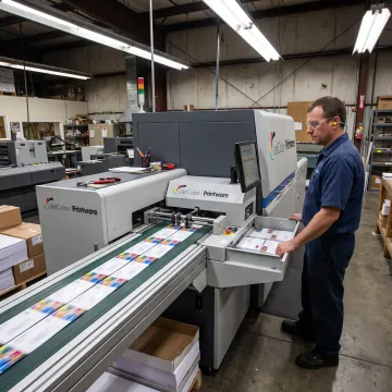 High-speed digital inkjet printer producing colorful envelopes