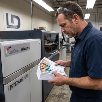 Operator reviewing colorful inkjet envelopes