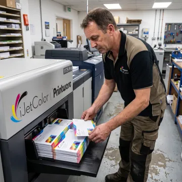 Operator reviewing envelopes from an inkjet press