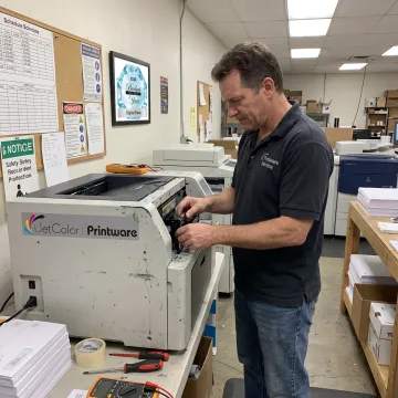 Technician servicing a high-speed envelope printer