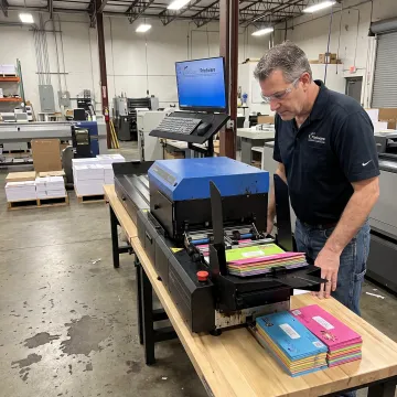 Operator reviewing personalized prints from an inkjet press