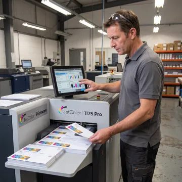 Print operator reviewing color inkjet output