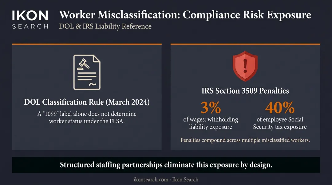 Worker misclassification compliance risk DOL and IRS penalty breakdown infographic