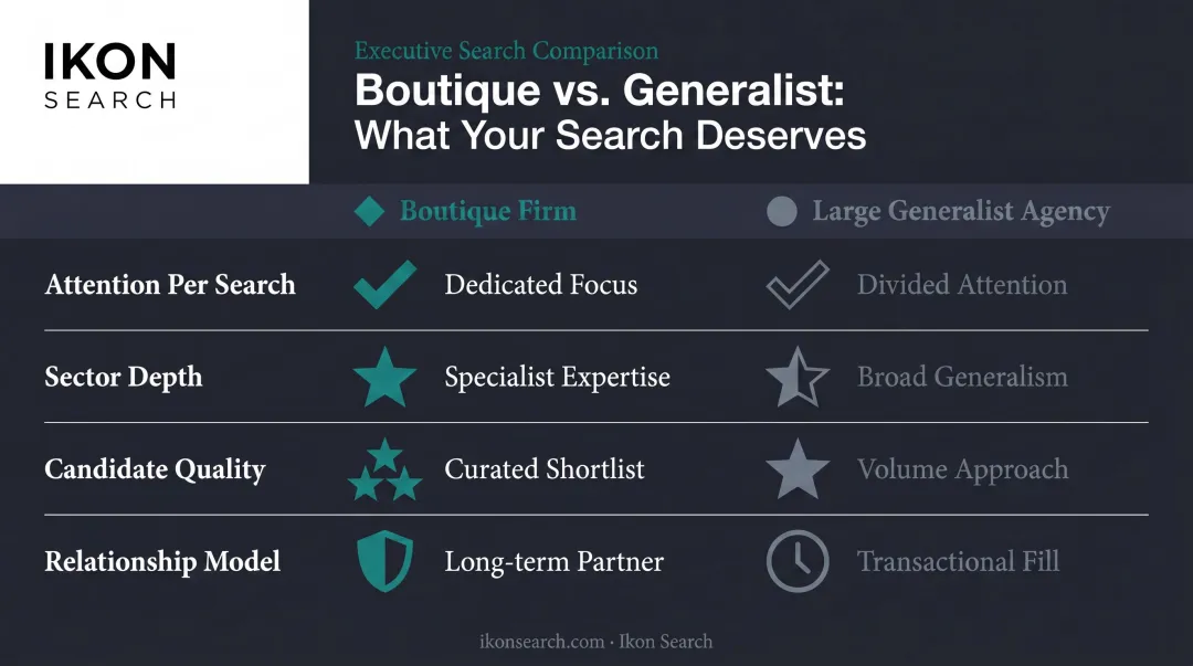 Boutique recruiting firm versus large generalist agency four-category comparison chart