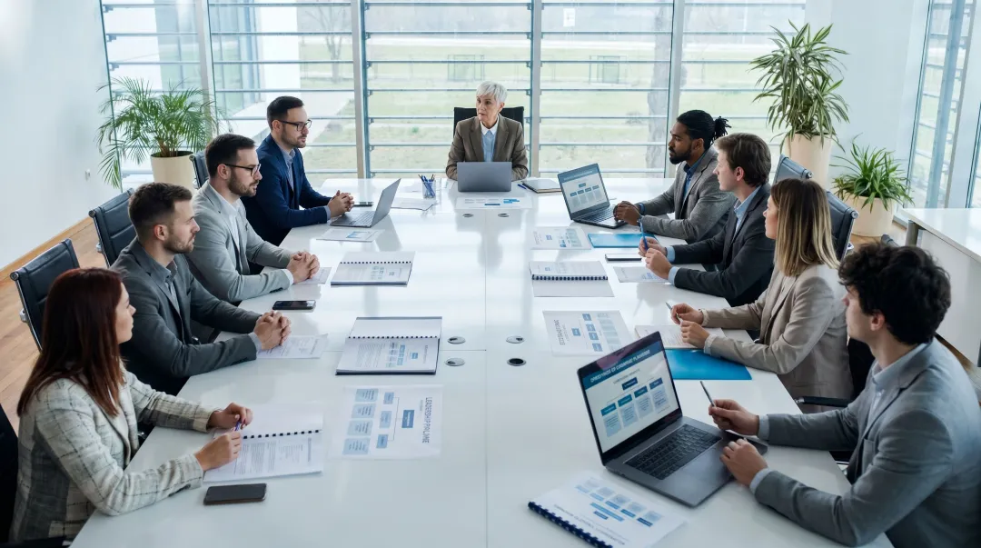 Executive leadership succession planning meeting with senior professionals reviewing strategy