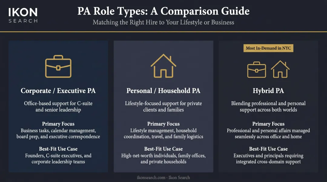 Three types of New York personal assistants comparison chart corporate personal hybrid