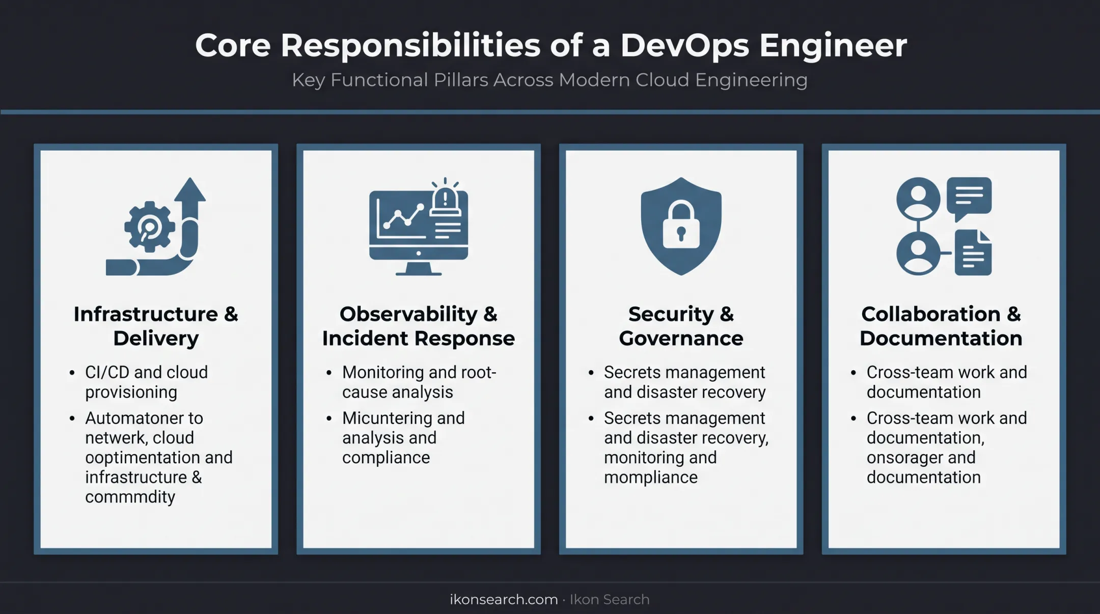 Four core DevOps engineer responsibility areas infographic breakdown