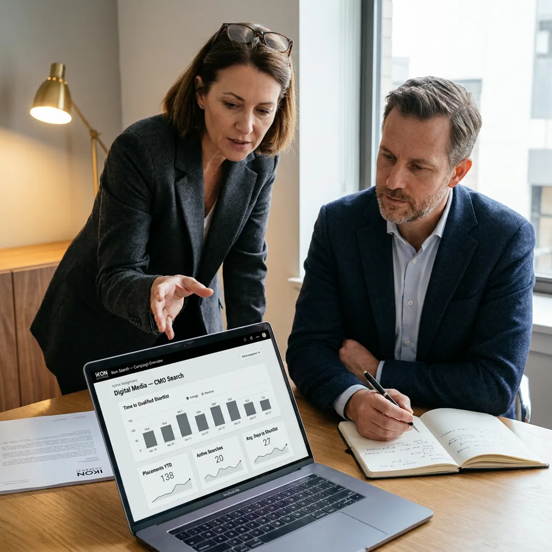 Senior partner marketing professional reviewing campaign strategy