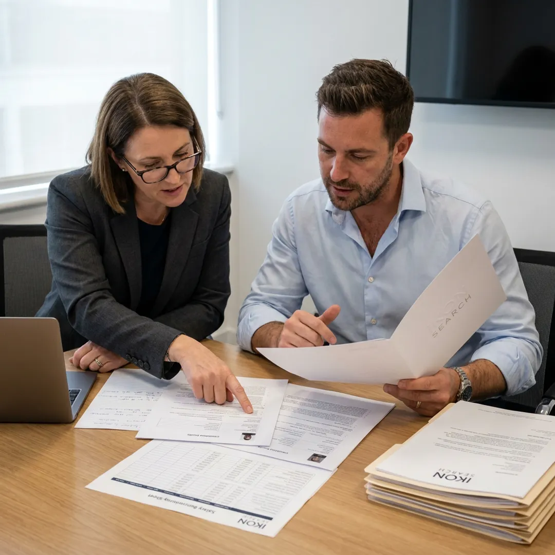 Recruiter and hiring manager discussing marketing candidates