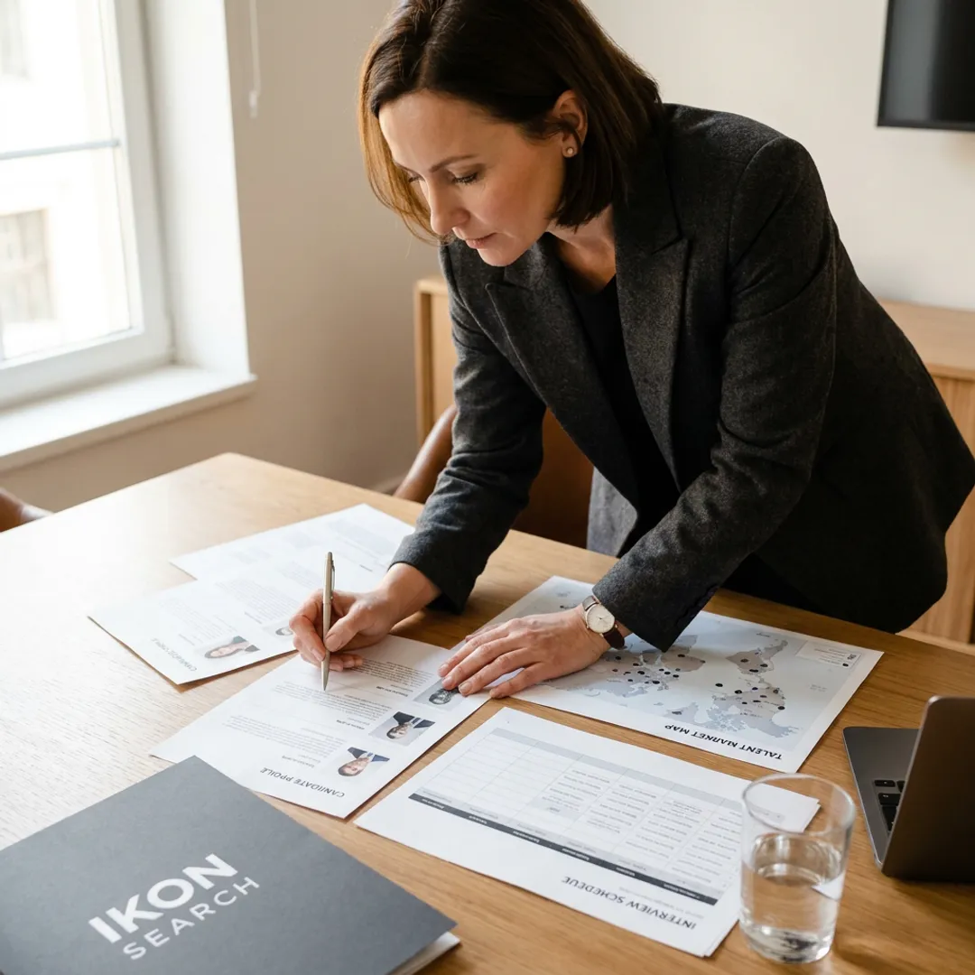 Recruiter reviewing communications leadership candidate profiles
