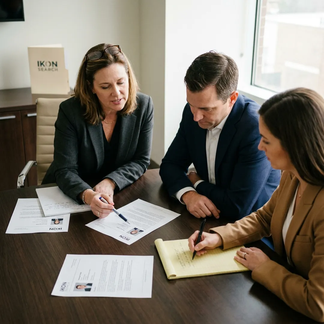Recruiter discussing marketing leadership candidates with a hiring team