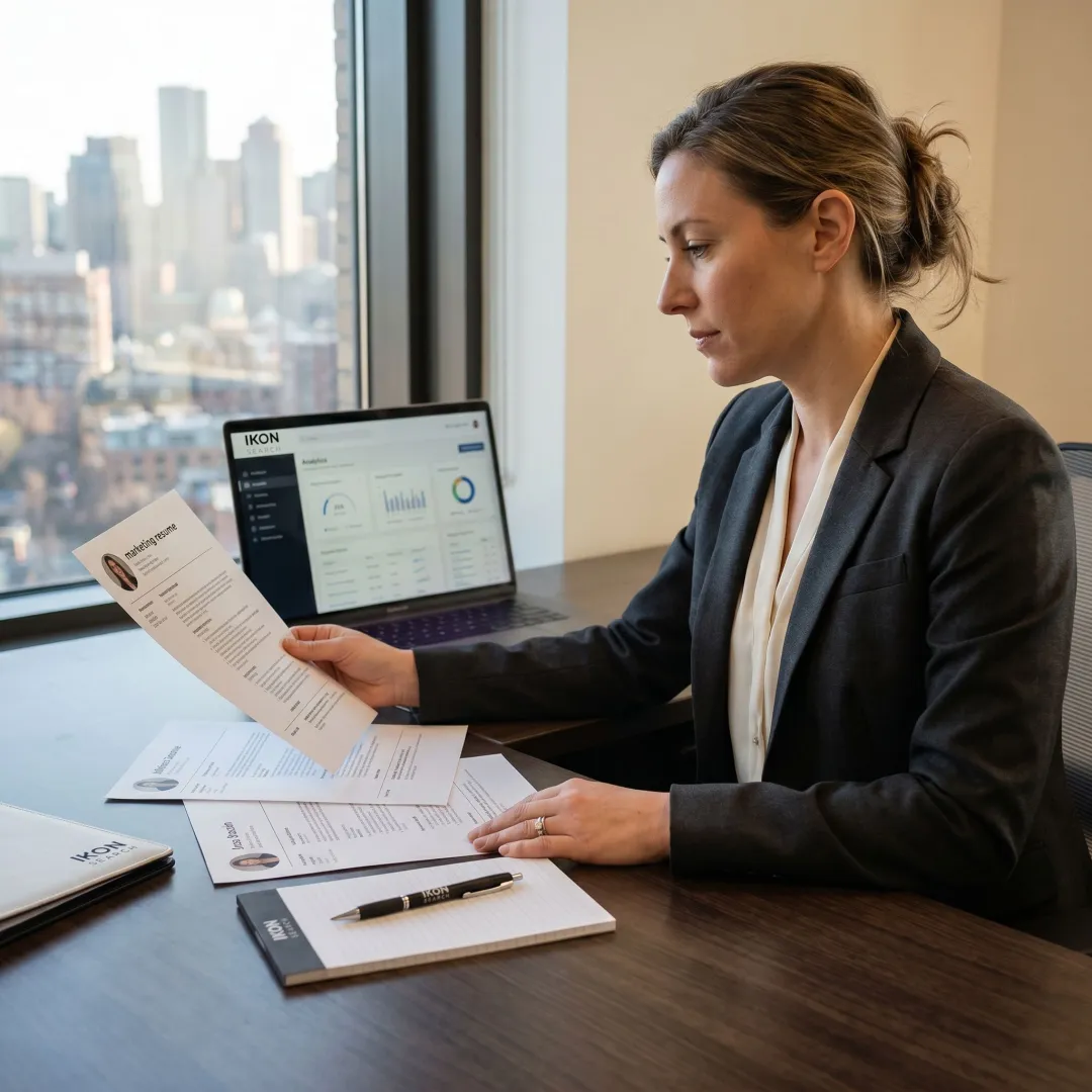 Marketing recruiter reviewing candidate profiles in Boston