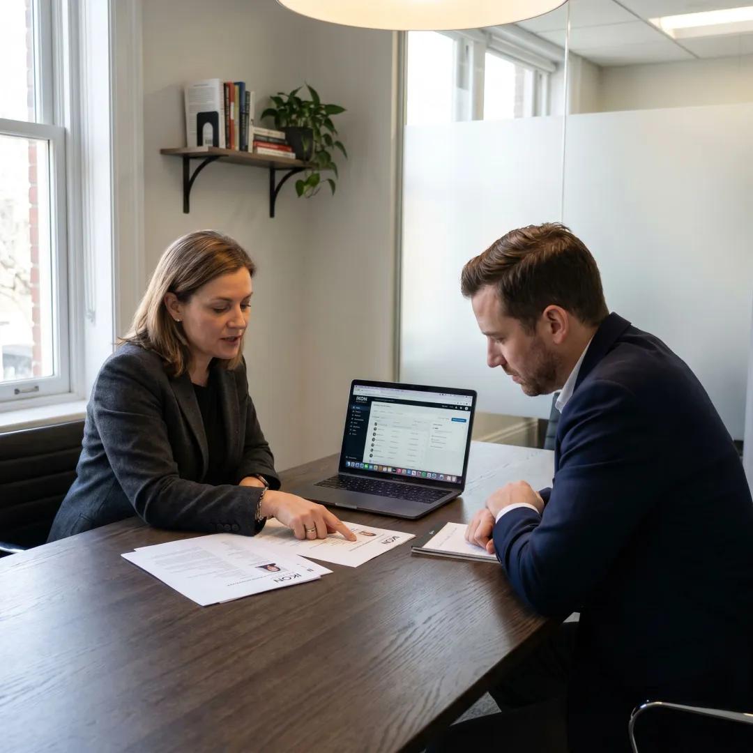 Recruiter reviewing legal resumes with hiring manager