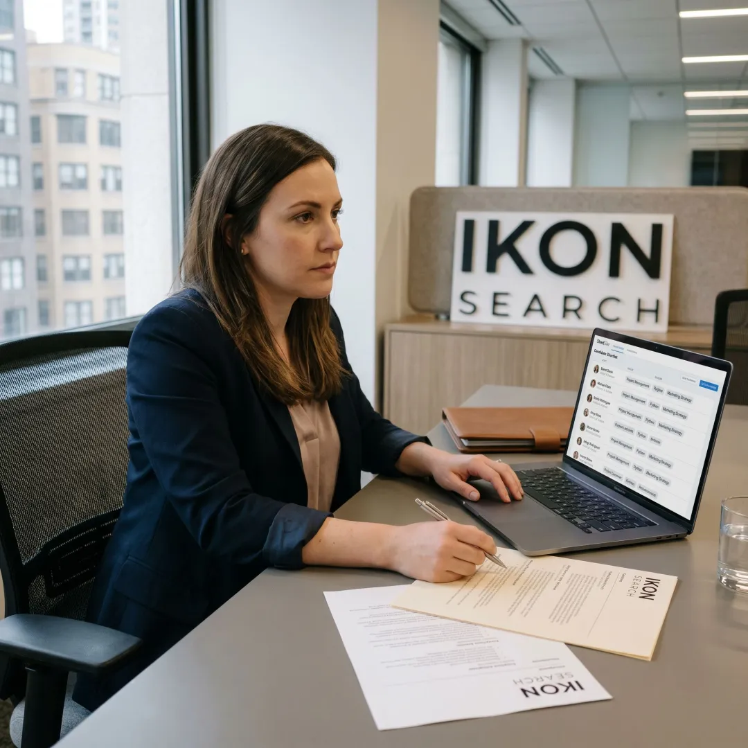 Recruiter reviewing legal staffing candidates