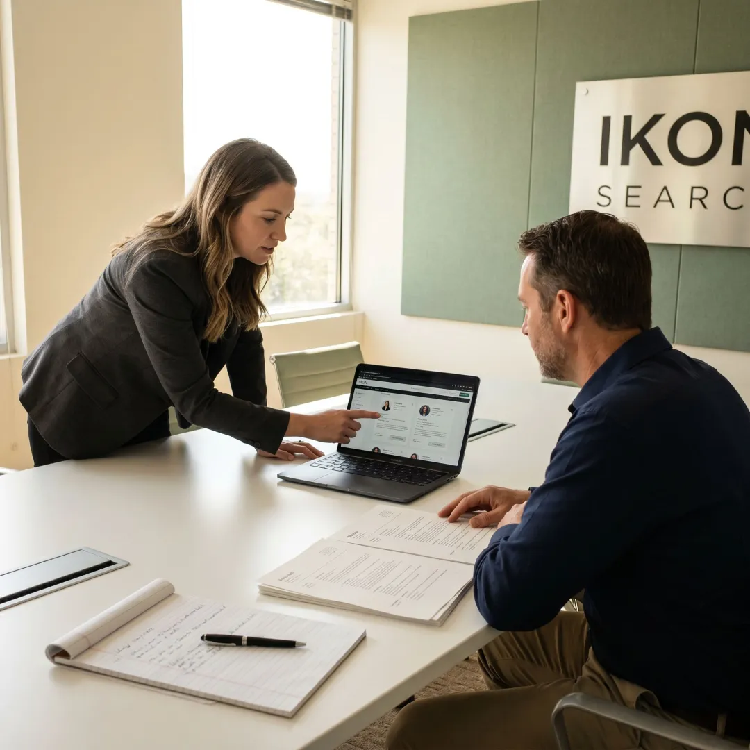 Recruiter reviewing legal candidate shortlist with hiring manager