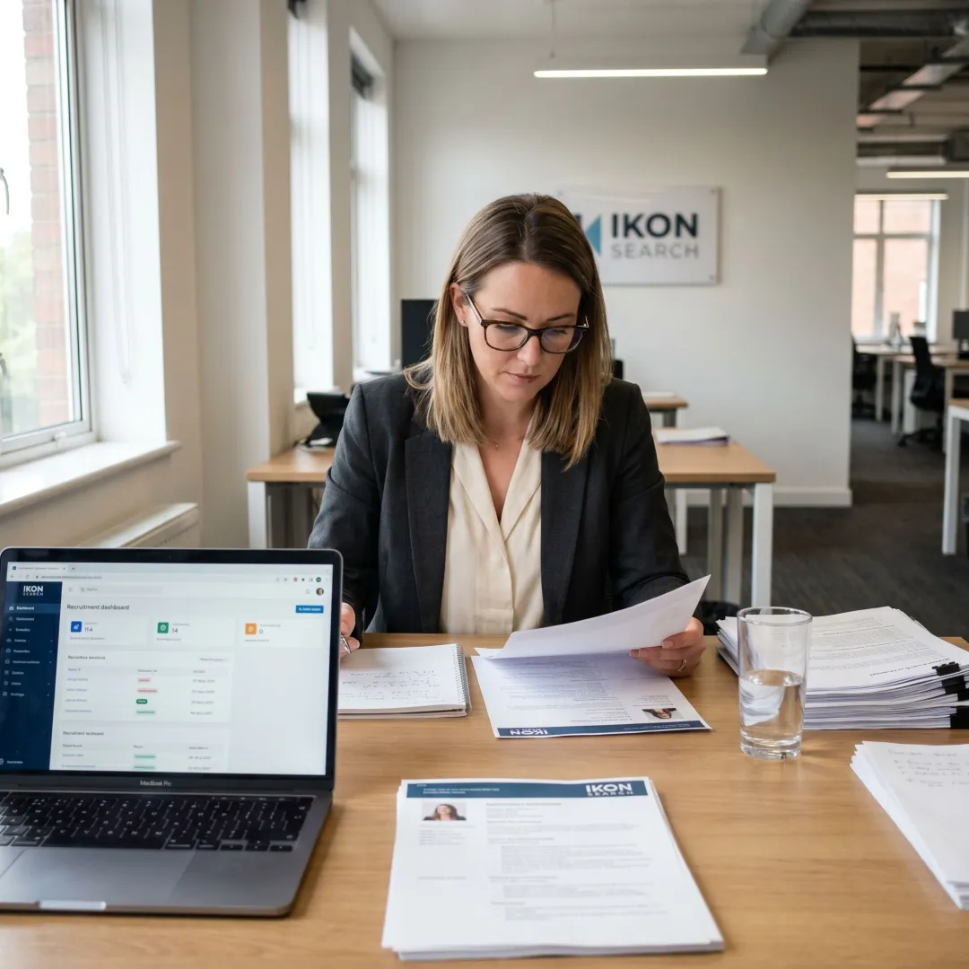 Recruiter reviewing candidate profiles for an HR staffing search