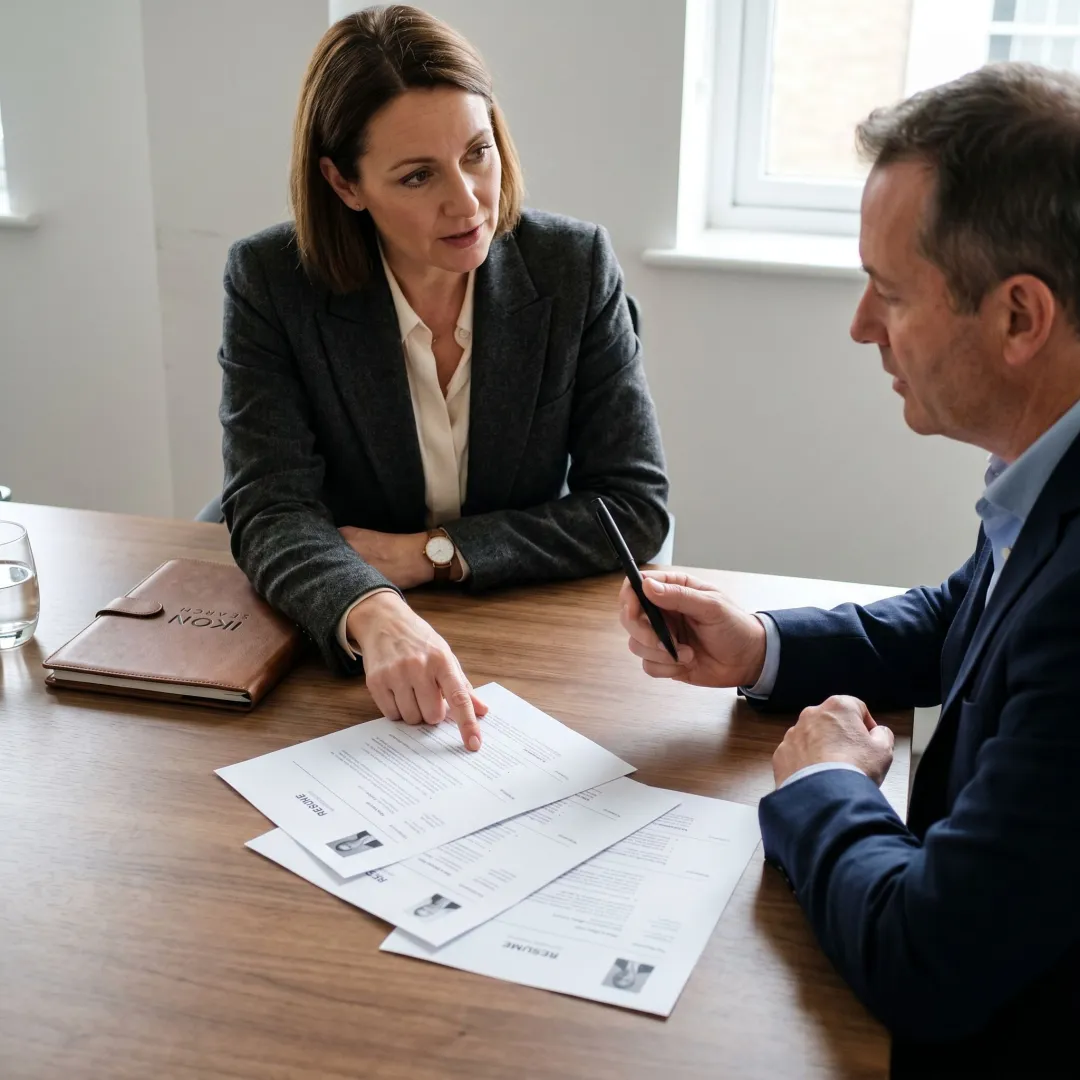 Recruitment consultant discussing HR staffing needs with a client