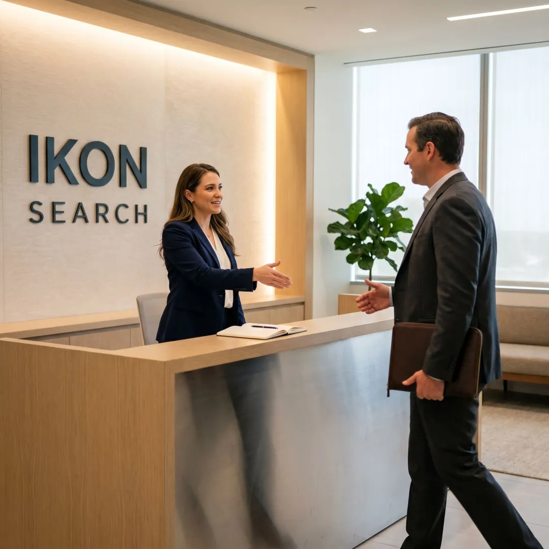 Receptionist welcoming visitor in a modern office