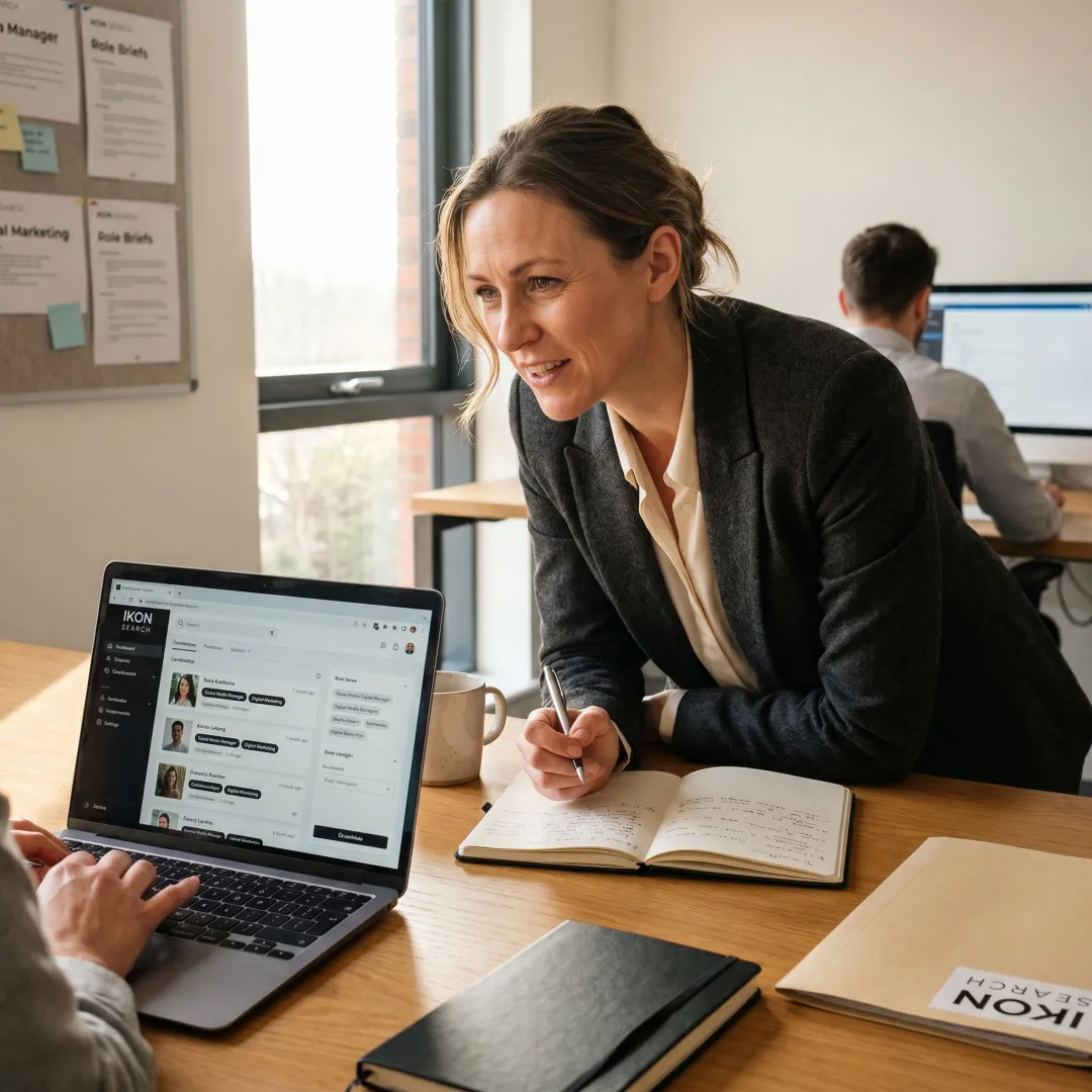 Social media staffing recruiter reviewing candidate profiles