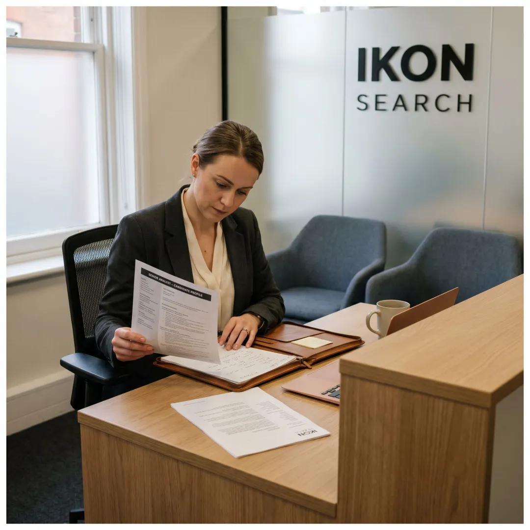 Office staffing consultant reviewing candidate profiles