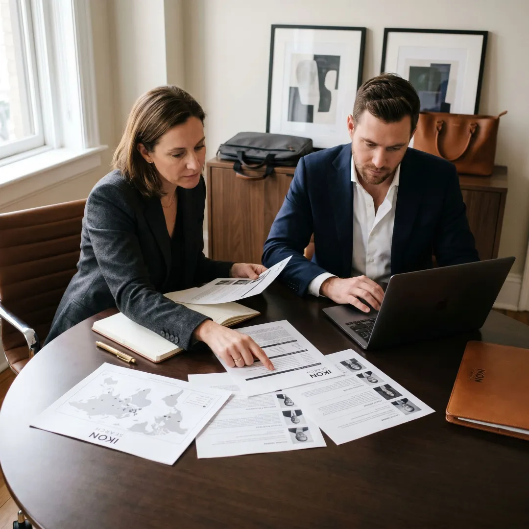 Executive recruiters reviewing marketing director candidate profiles