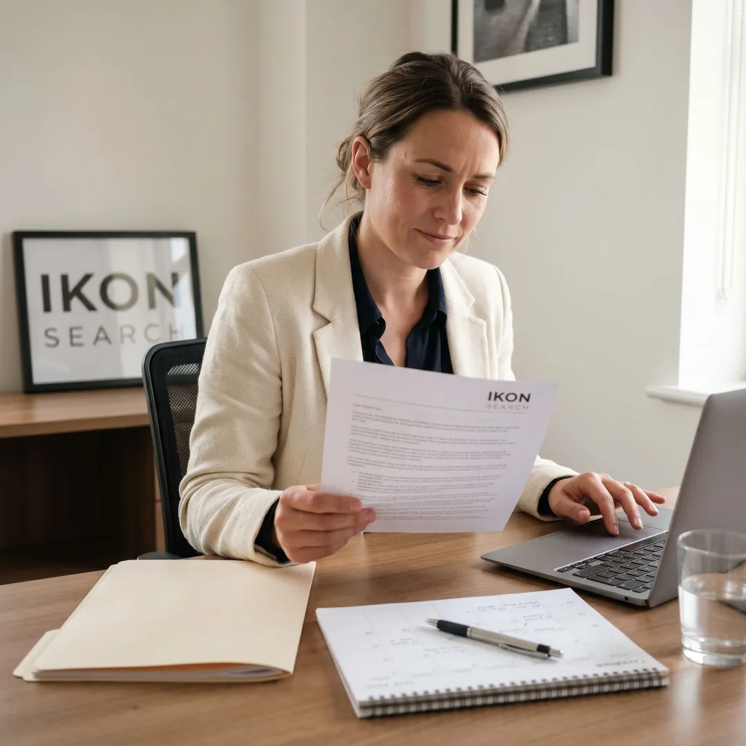 Legal assistant reviewing documents in an office